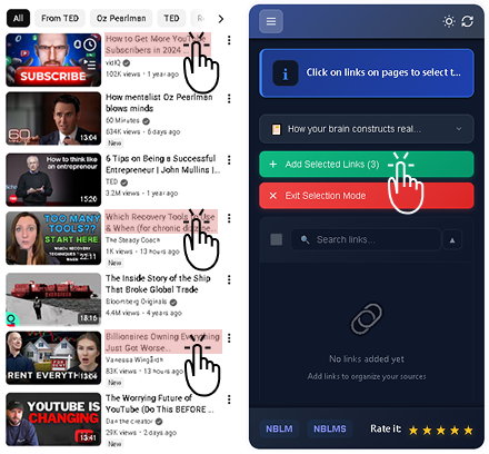 Multi-select YouTube links for NotebookLM